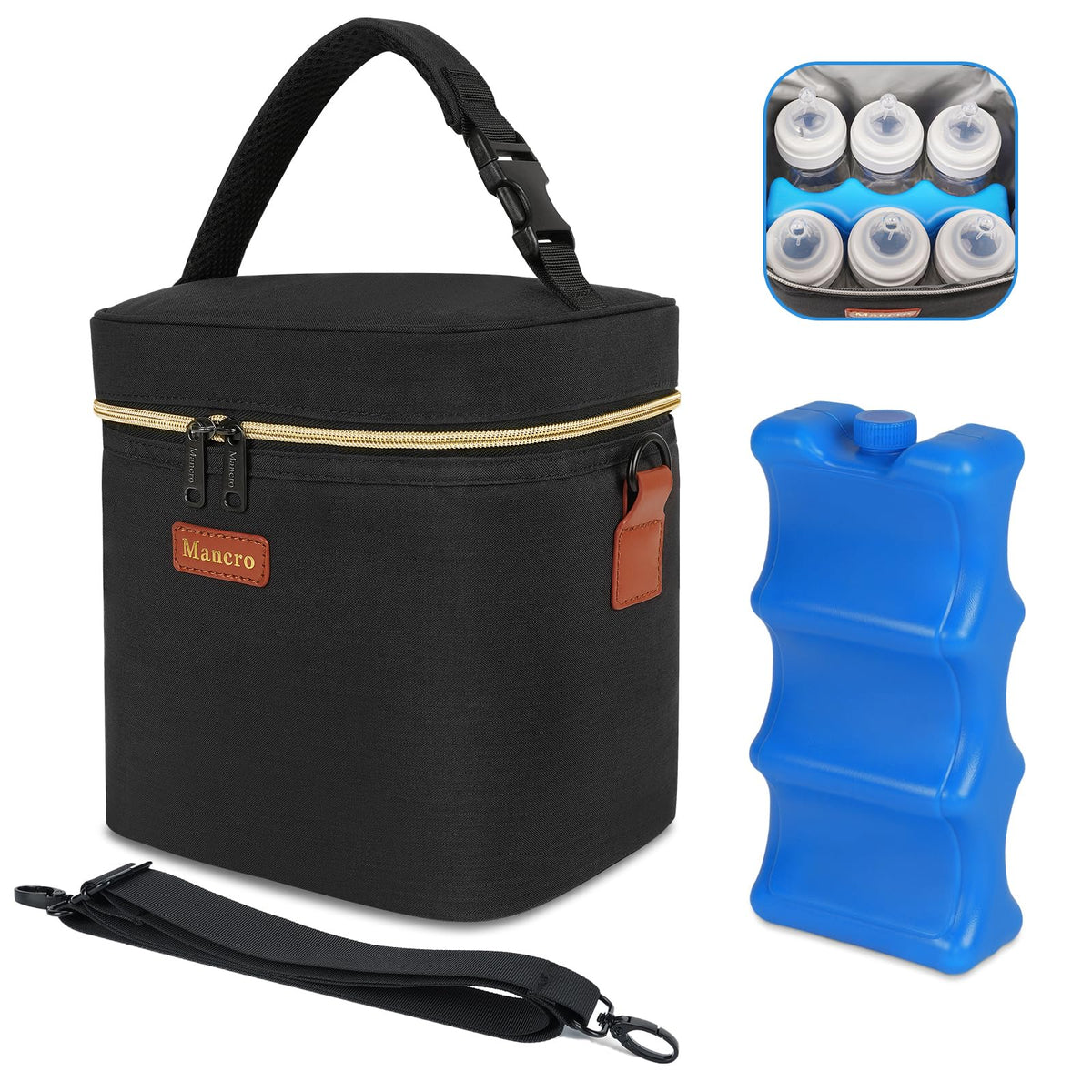 Mancro front view showing cooler bag capacity and durable exterior benefit