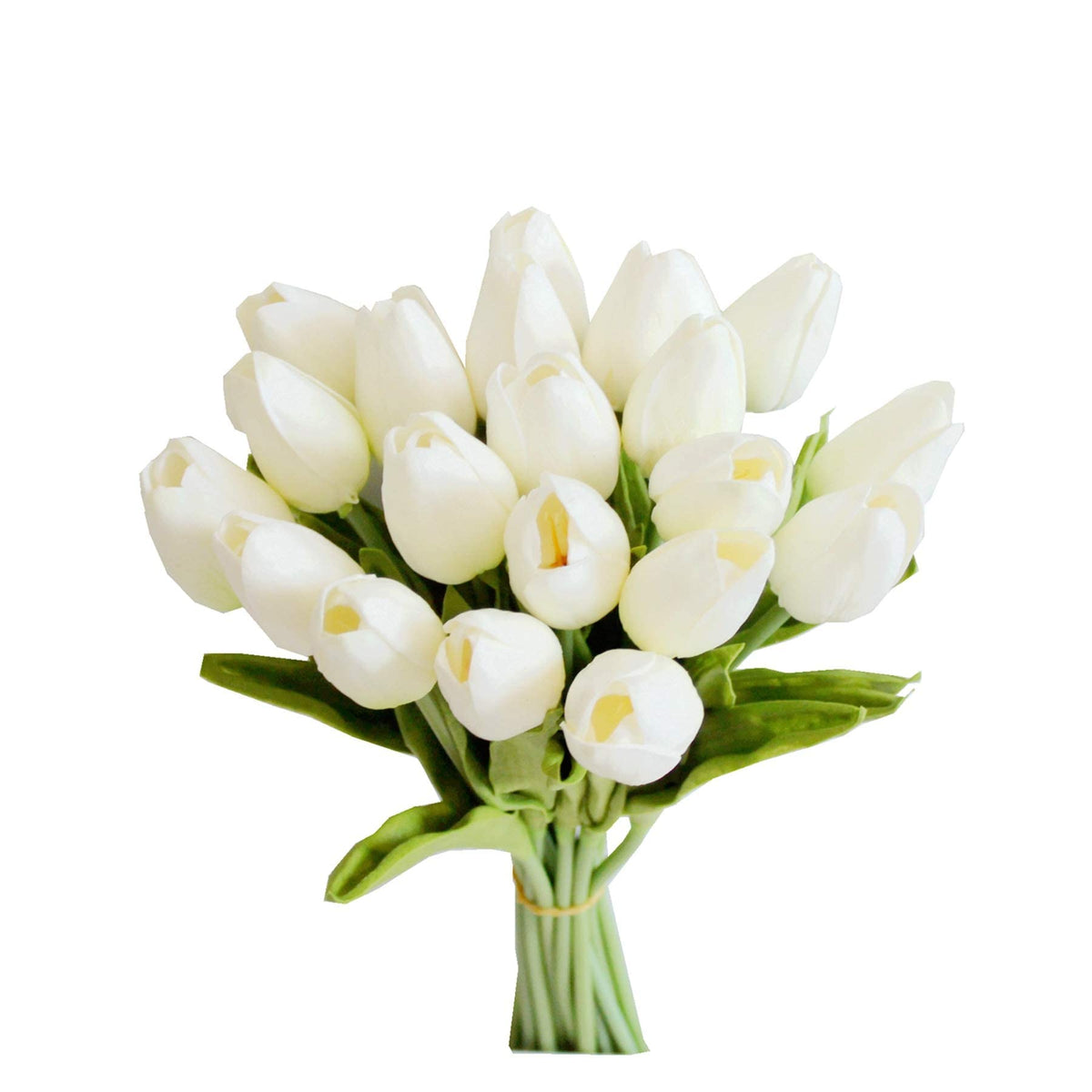 Mandy's front view showing full white tulip bouquet and instant elegance