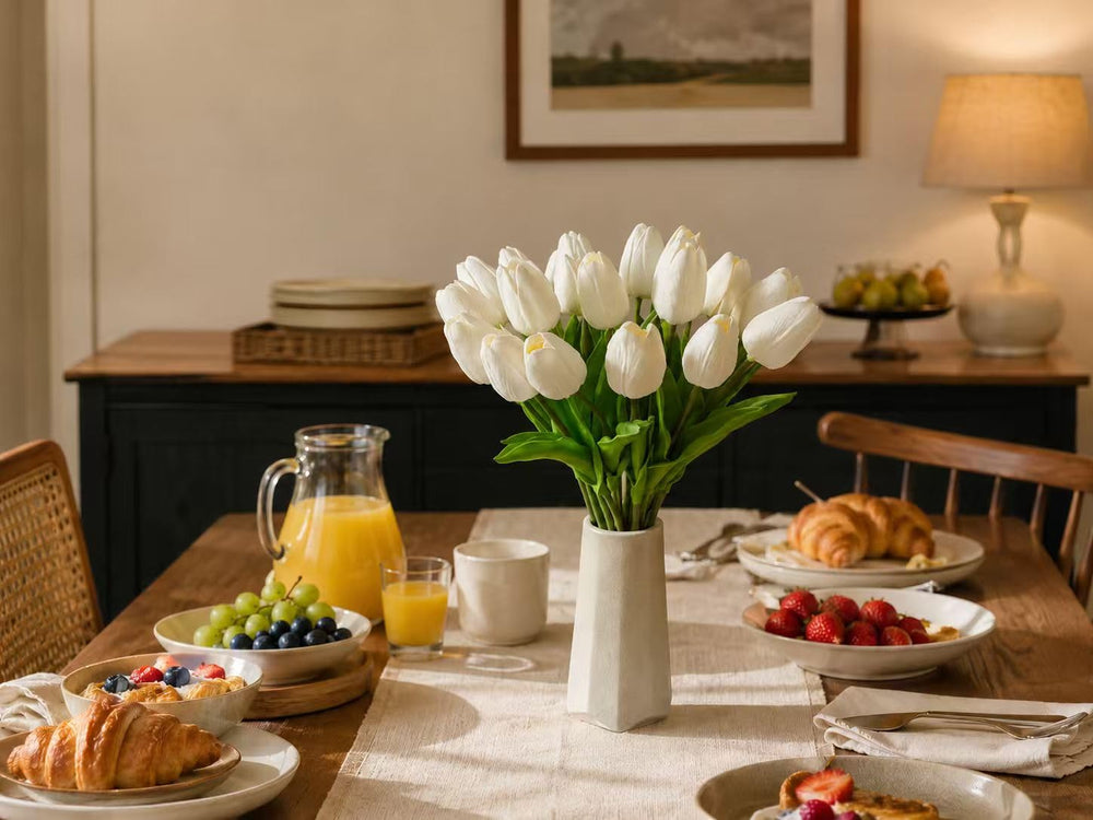 Mandy's tulips in clear vase creating a low-maintenance focal point