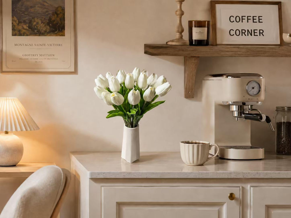 Mandy's display on kitchen island offering refined seasonal styling