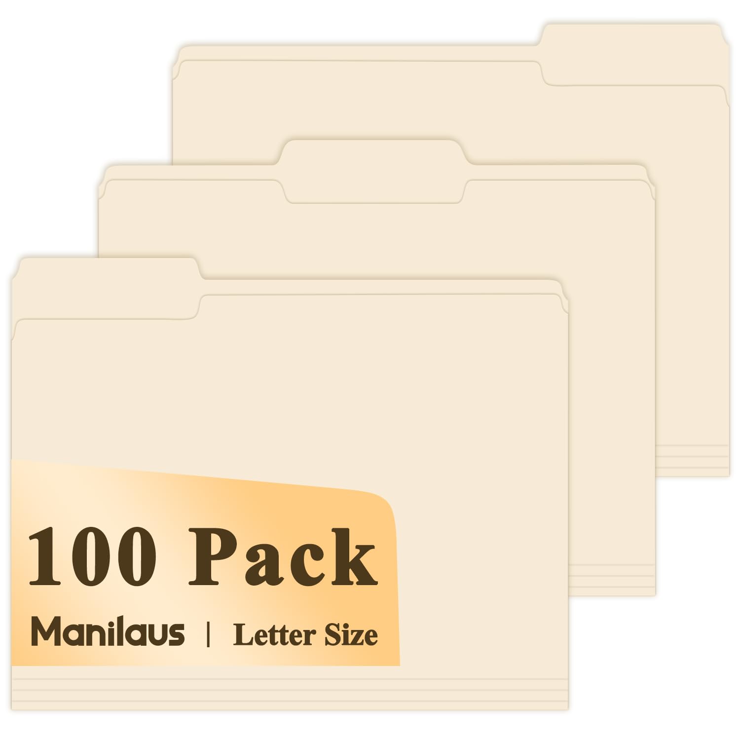 Manilaus front pack showing 100-count folder bundle and clear labeling benefit