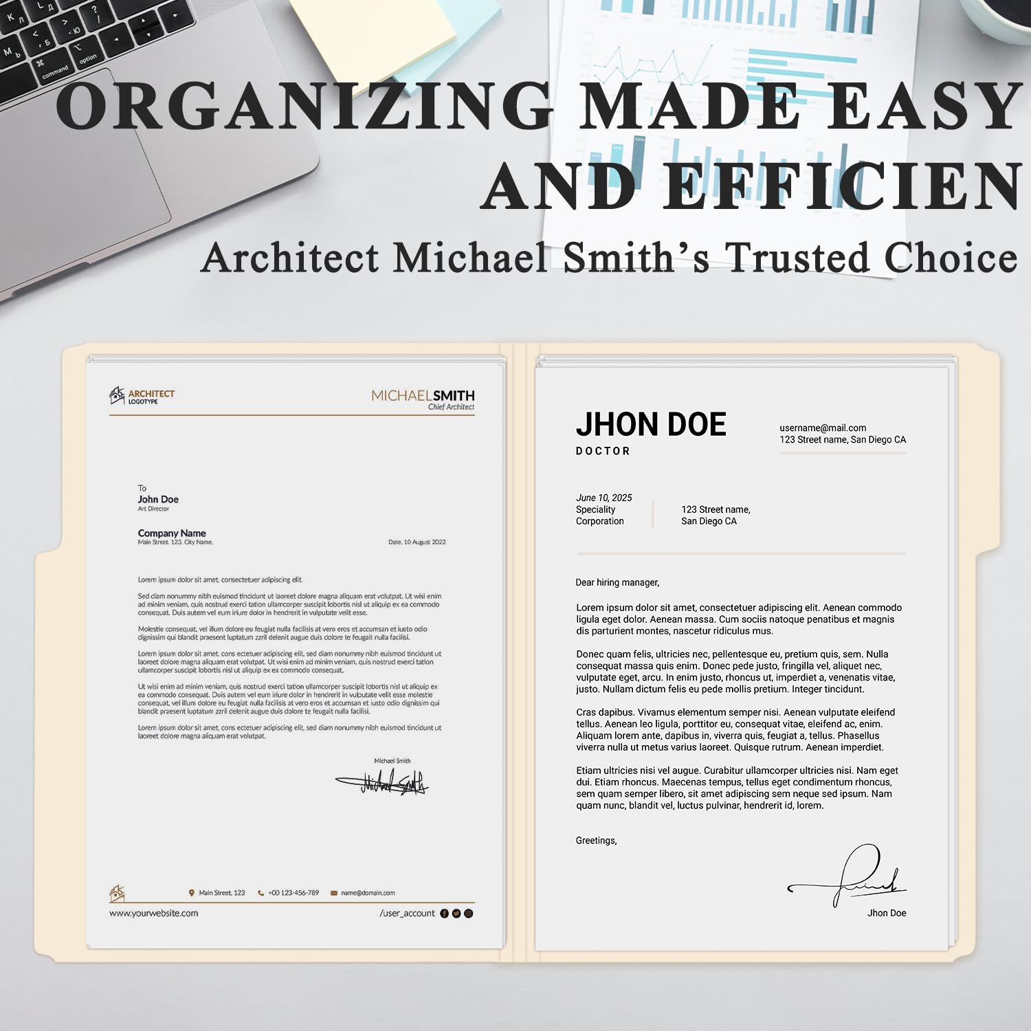 Manilaus folders arranged in a desk drawer showing improved organization