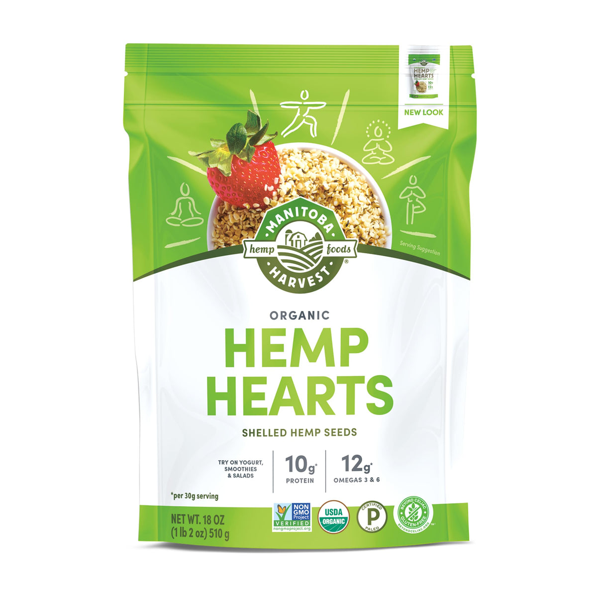 Manitoba Harvest front pack showing 18 oz bag and organic label benefit