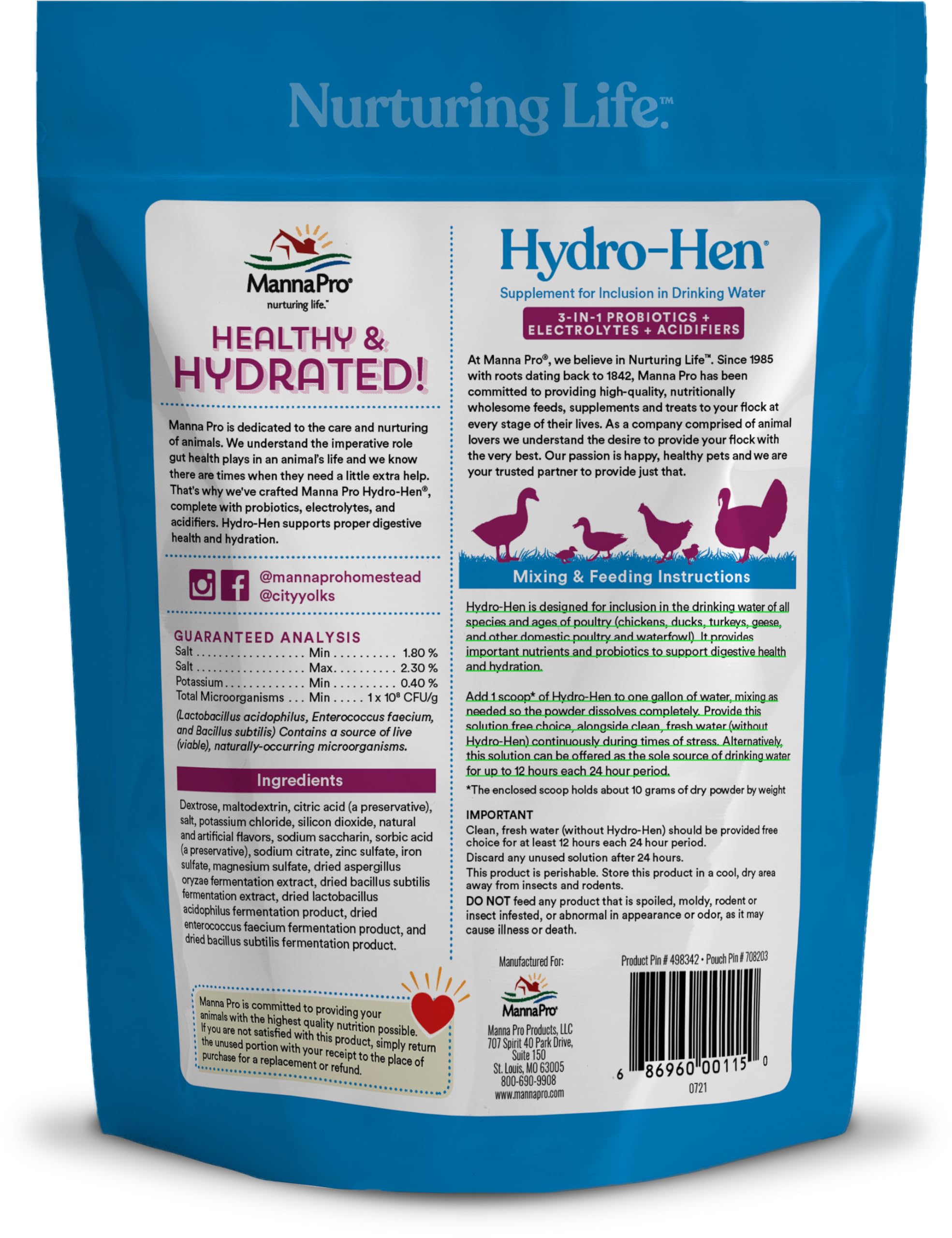 Manna Pro bottle in a backyard coop scene supporting flock hydration and gut health