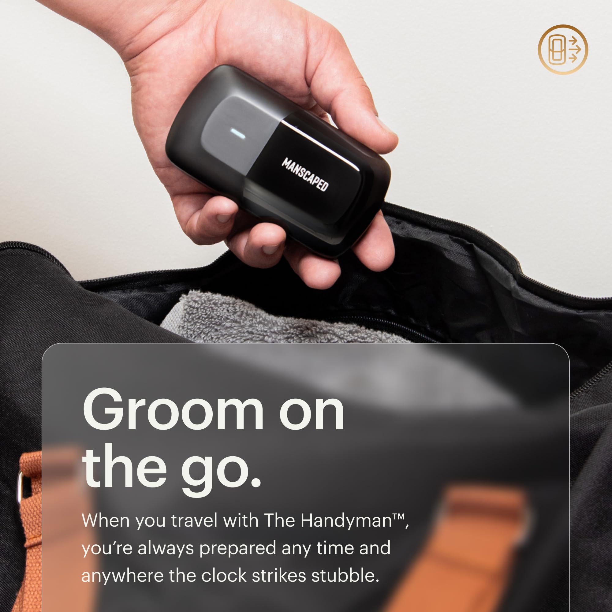MANSCAPED charging port with cable showing quick charge capability and travel readiness