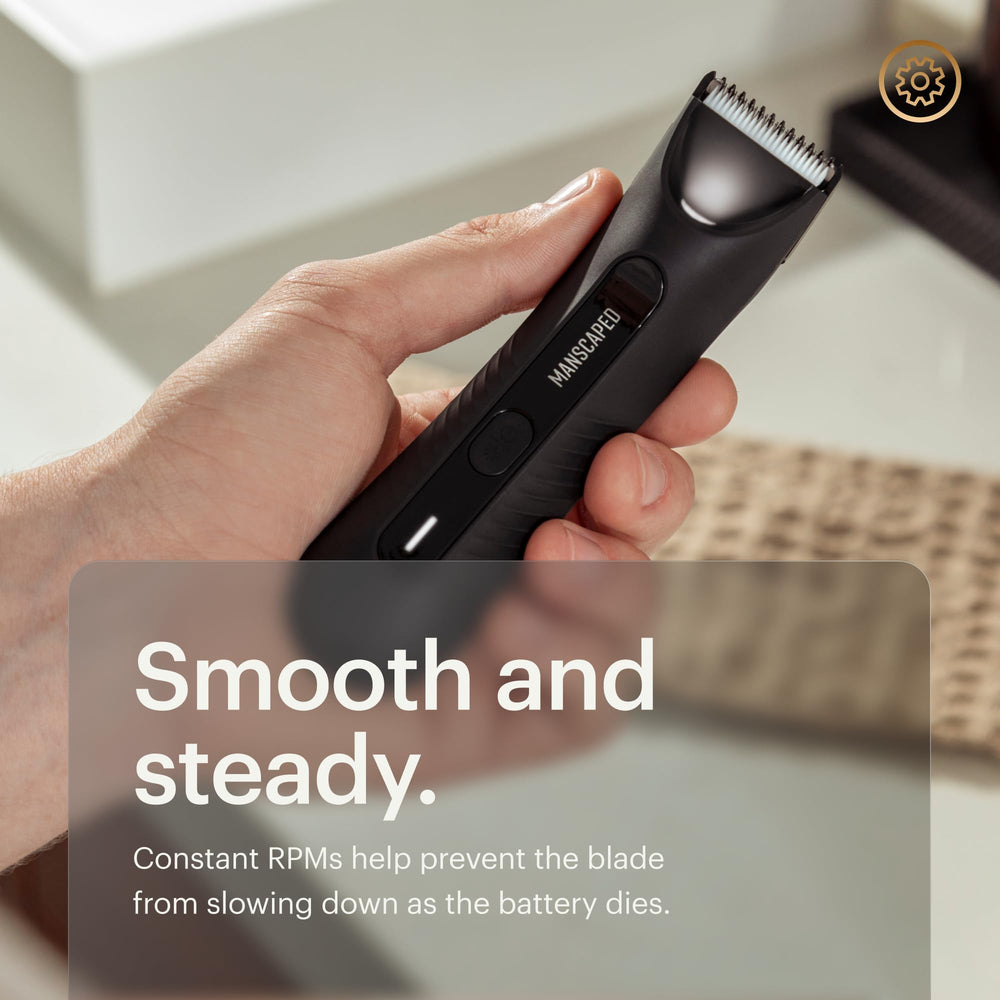 MANSCAPED trimmer under running water showing waterproof cleaning benefit