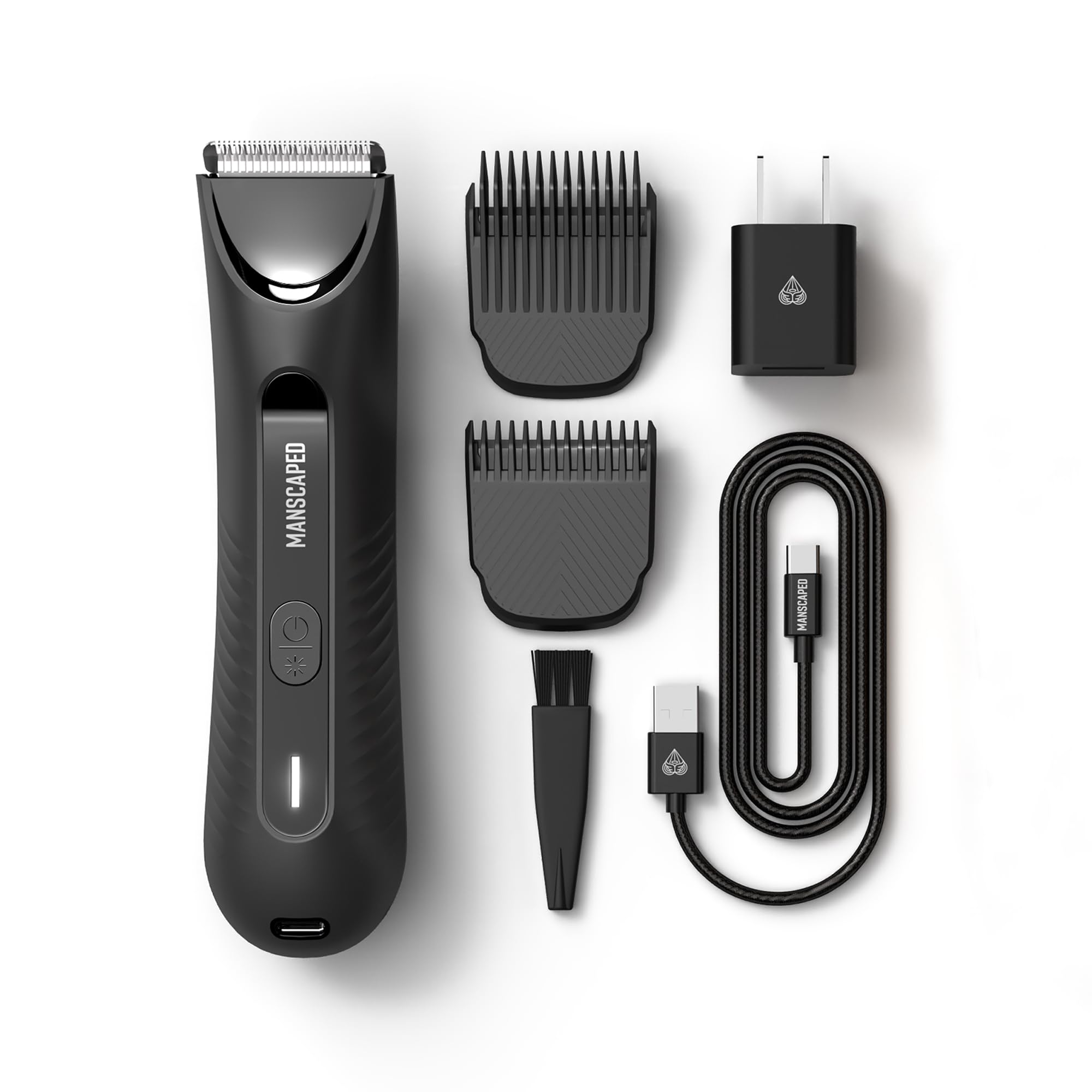 MANSCAPED trimmer in use on torso showing safe body grooming results