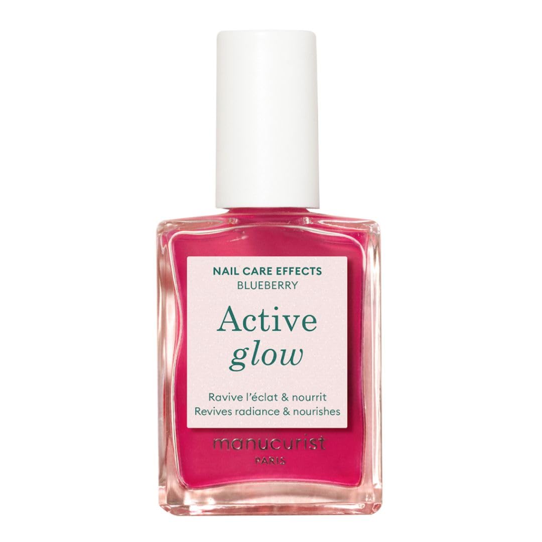 Manucurist bottle front view showing glossy blueberry-pink tint and nourishing benefits