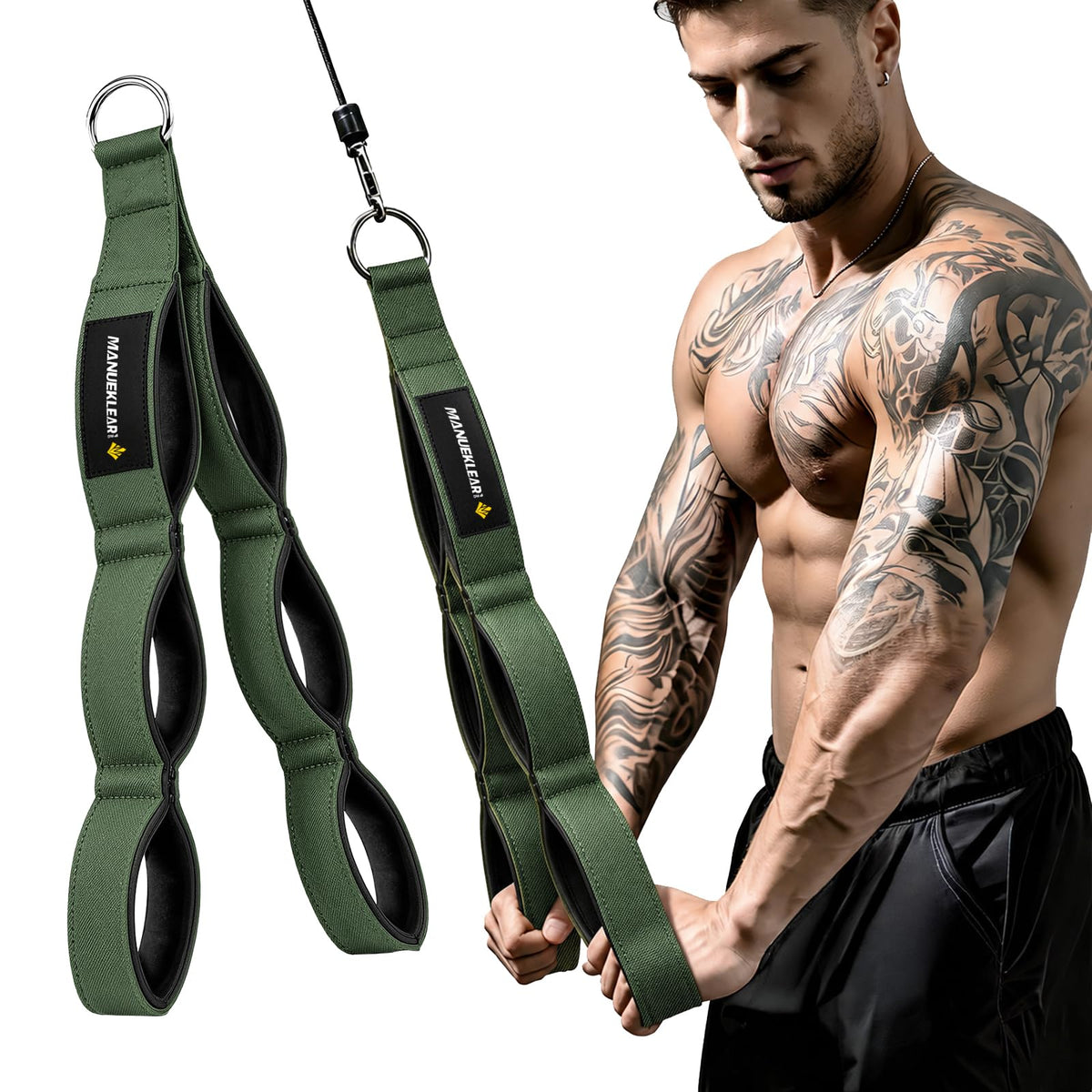 MANUEKLEAR front view of 24-inch tricep rope showing three grip positions and benefits