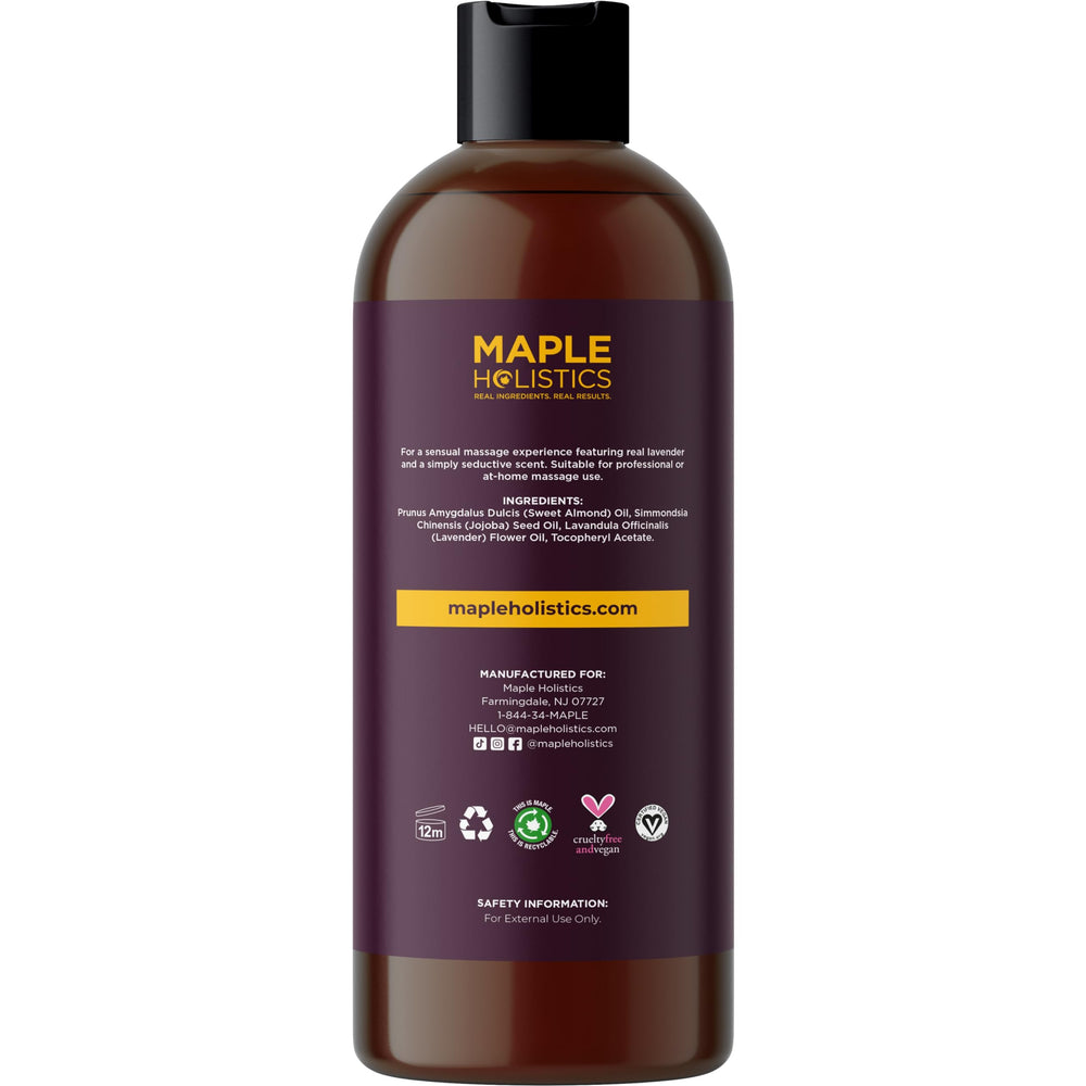 Maple Holistics bottle beside fresh lavender sprig highlighting calming aromatherapy