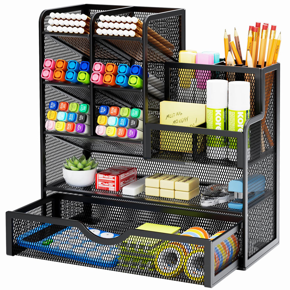 Marbrasse front view showing organized pens and compartments for tidy desk