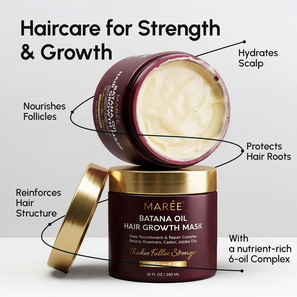MAREE close-up of batana oil and keratin visuals showing nourishing ingredient focus