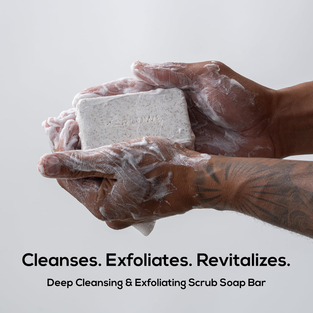 MARLOWE. close-up of bar texture with exfoliant grit for effective buffing