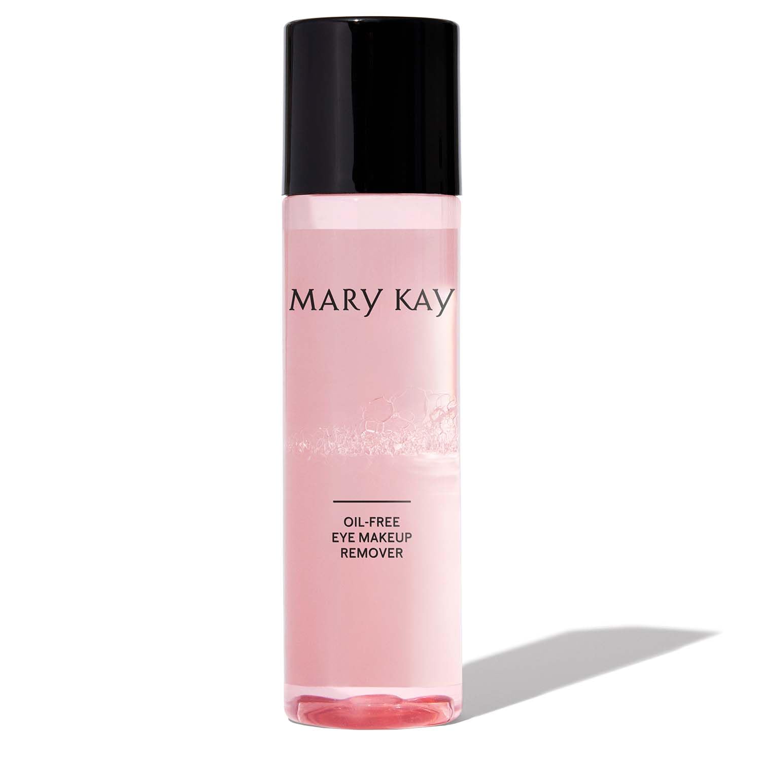 Mary Kay eye makeup remover front packaging shows clear bottle and cap for easy identification