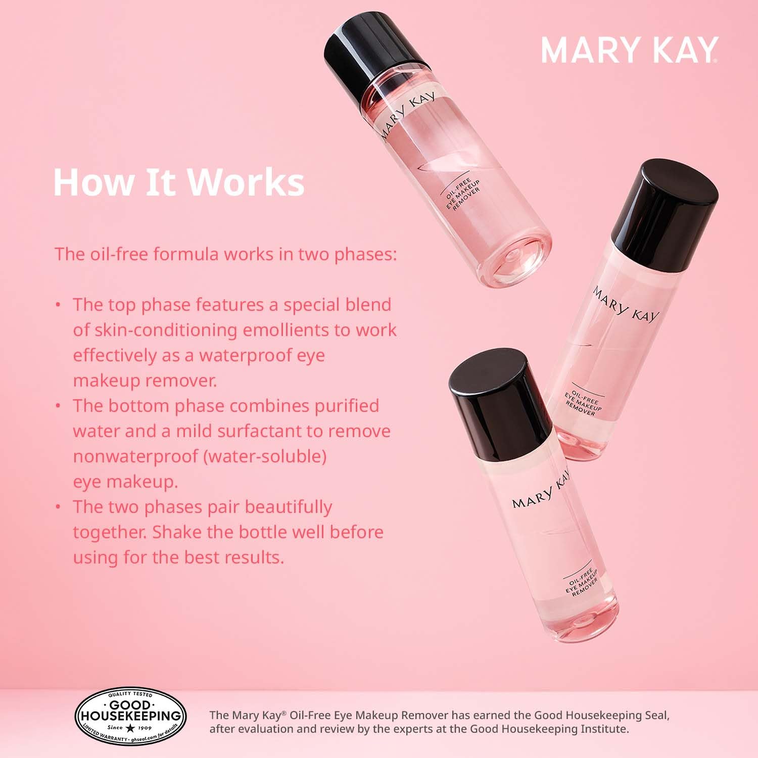 Mary Kay on bathroom vanity beside towels showing routine-friendly, gentle eye care