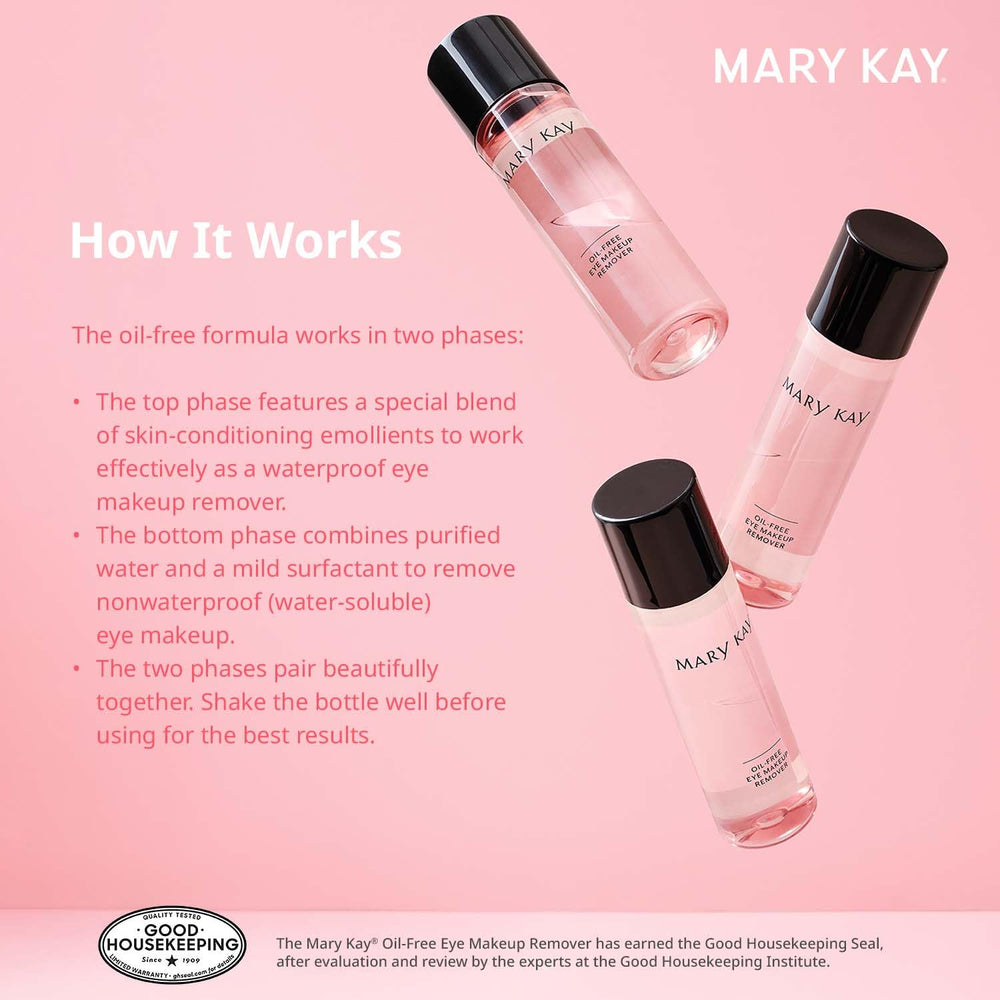 Mary Kay on bathroom vanity beside towels showing routine-friendly, gentle eye care