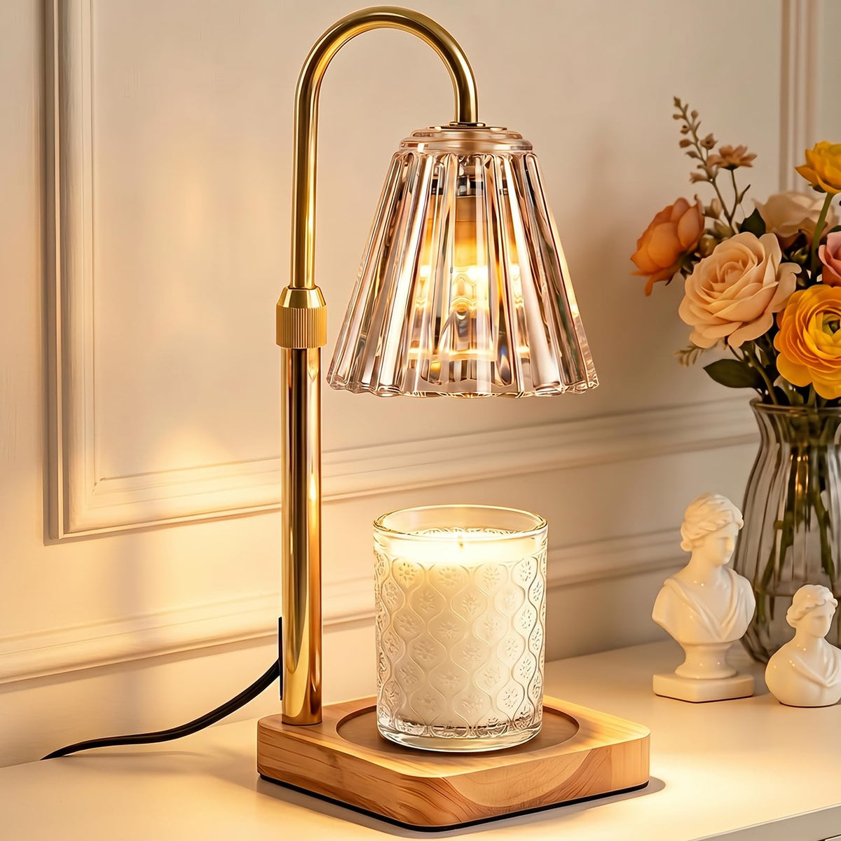 Marycele front view lamp on table showing elegant design and safe flameless warming