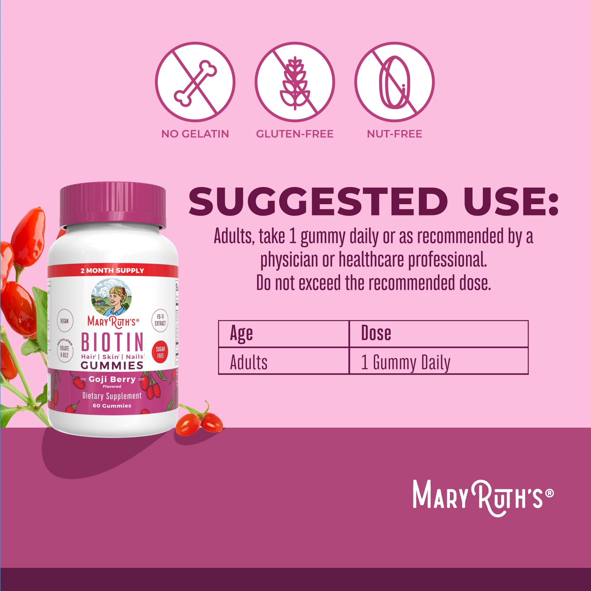 MARYRUTH'S ingredients label view emphasizing biotin, folate, B12 and zinc content