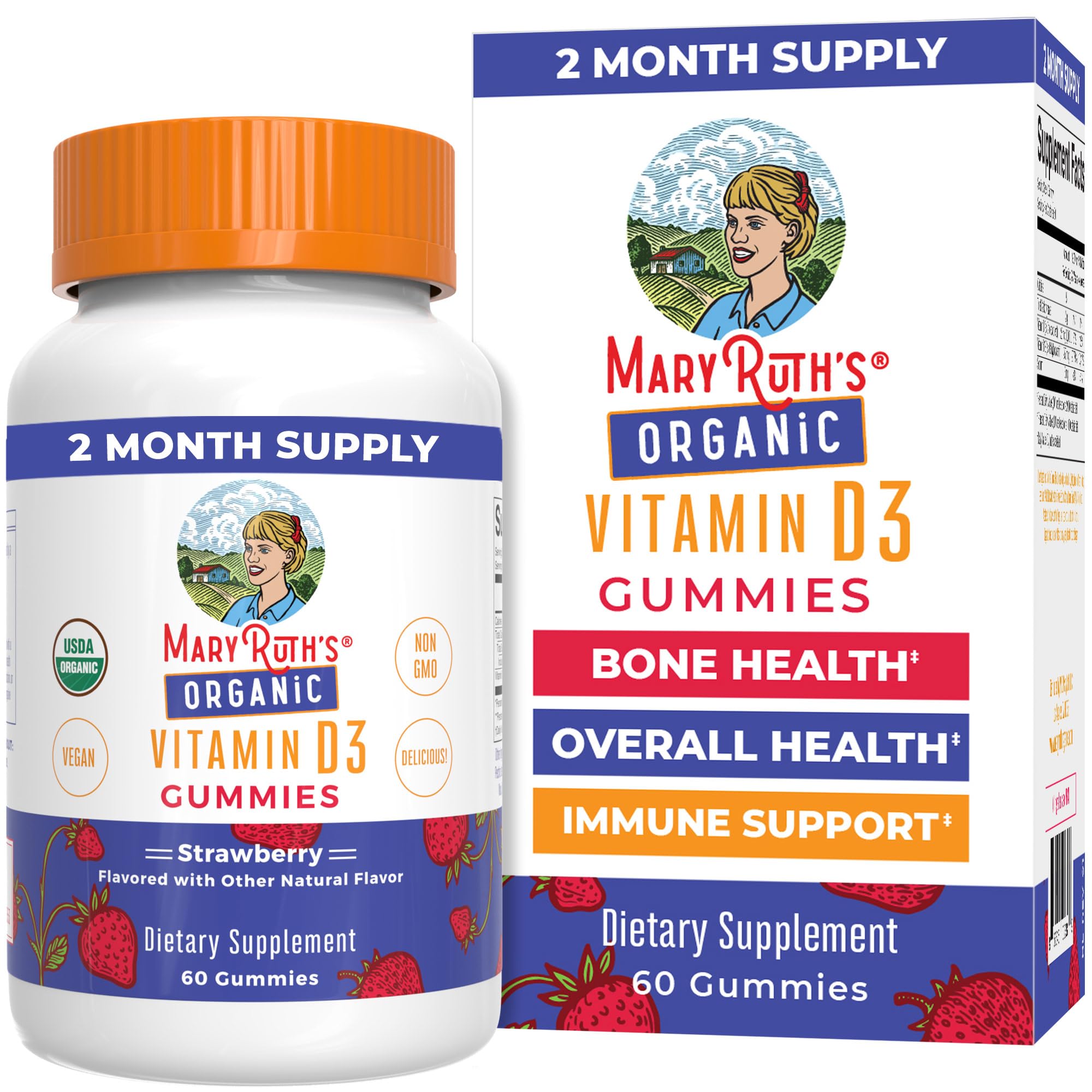 MARYRUTH'S bottle front displaying strawberry D3 gummies and benefits