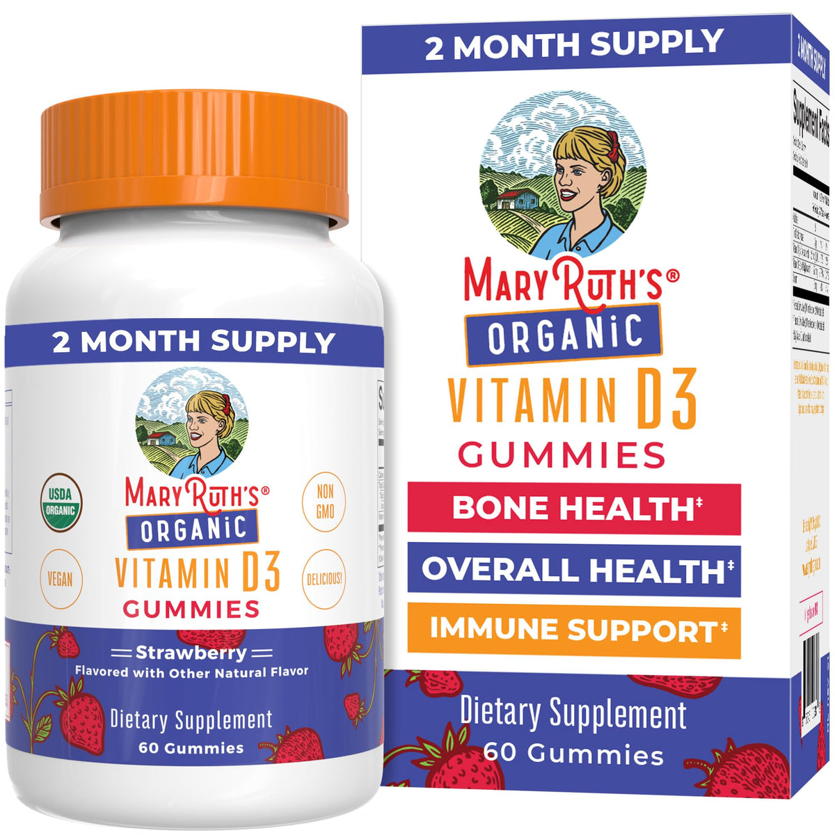 MARYRUTH'S bottle front displaying strawberry D3 gummies and benefits