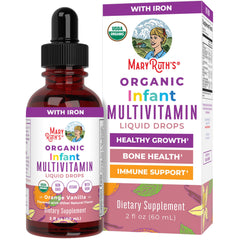 MARYRUTH'S front label showing organic infant multivitamin drops benefits