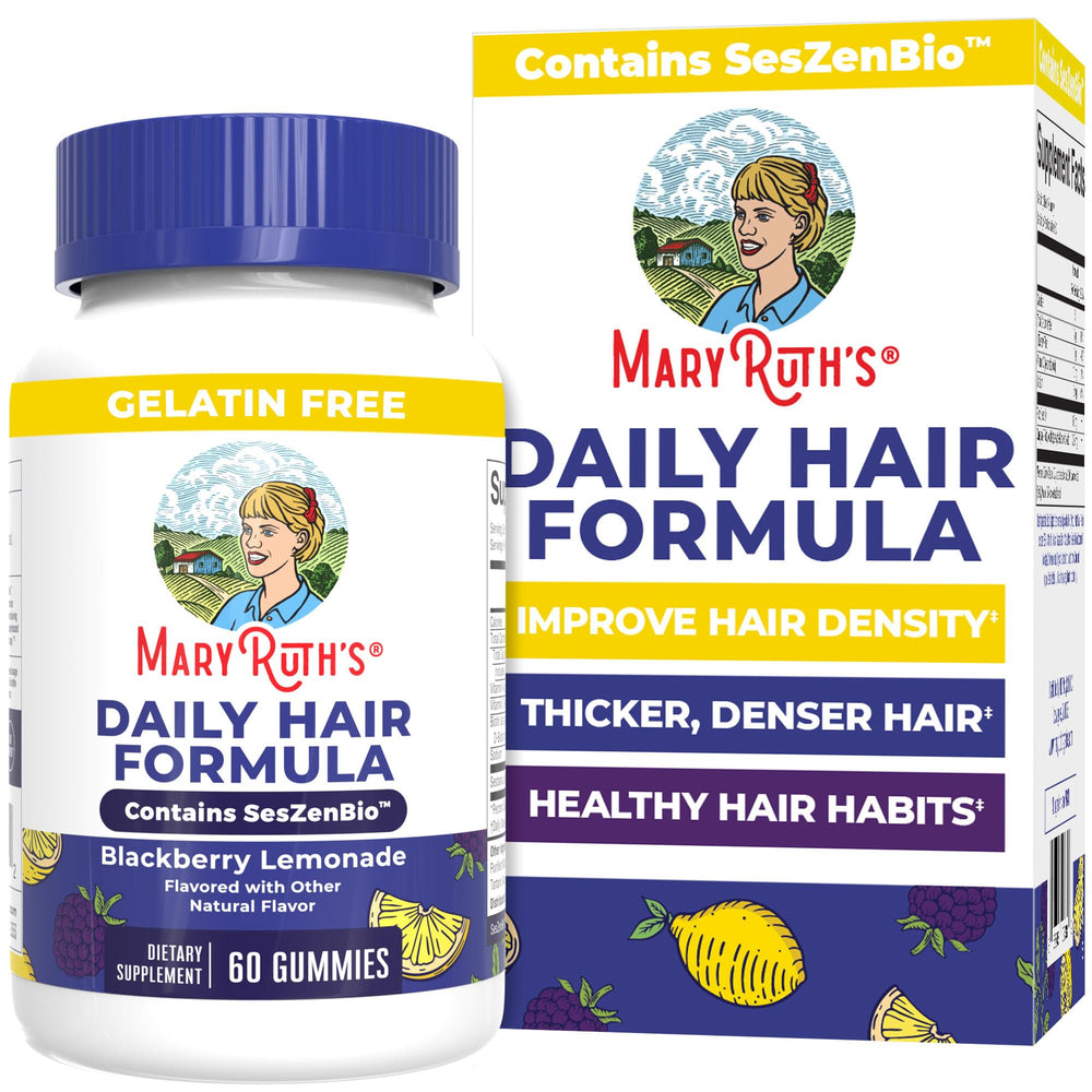 MaryRuth's front packaging showing supplement bottle and label benefits