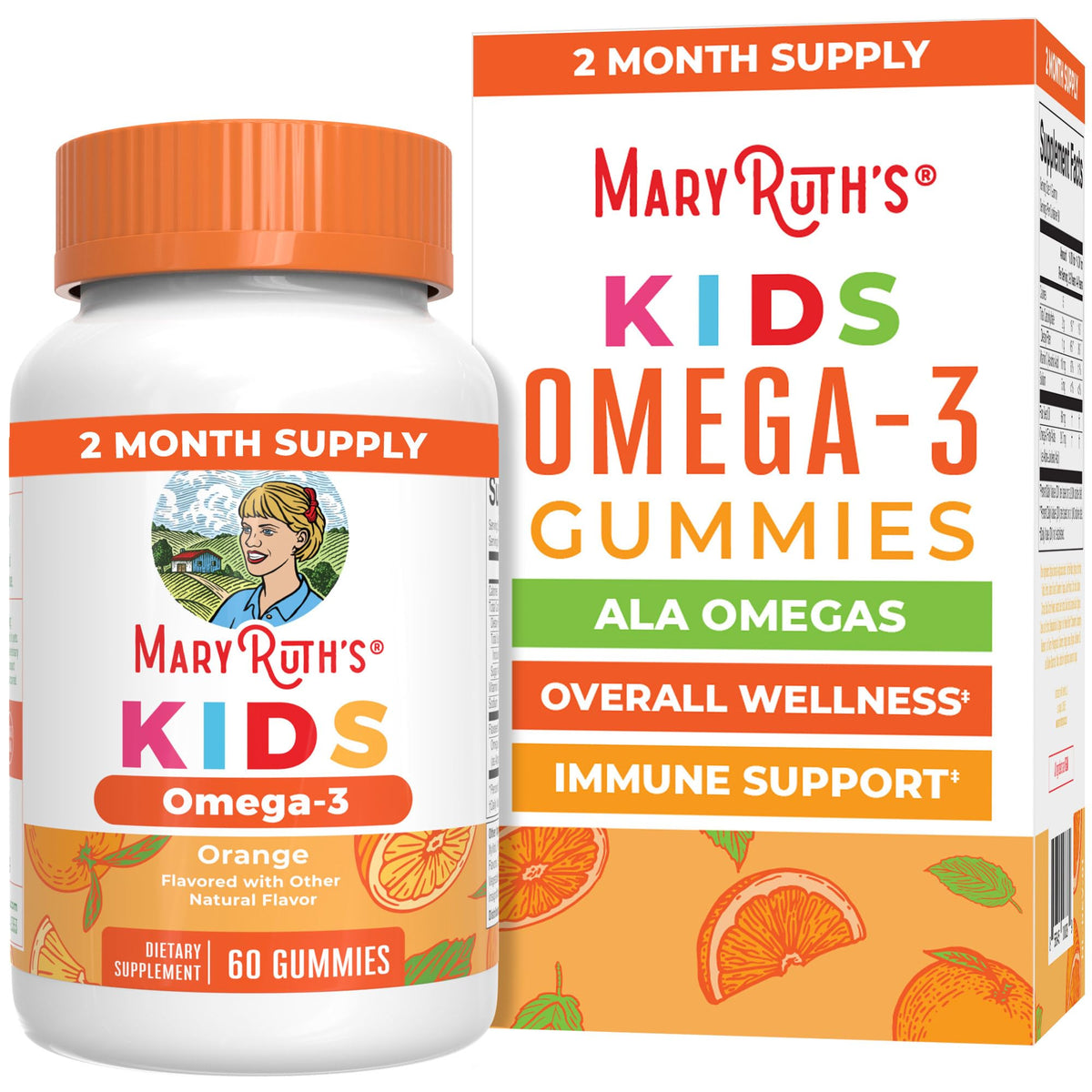 MARYRUTH'S front packaging showing 60-count bottle and orange flavor benefit