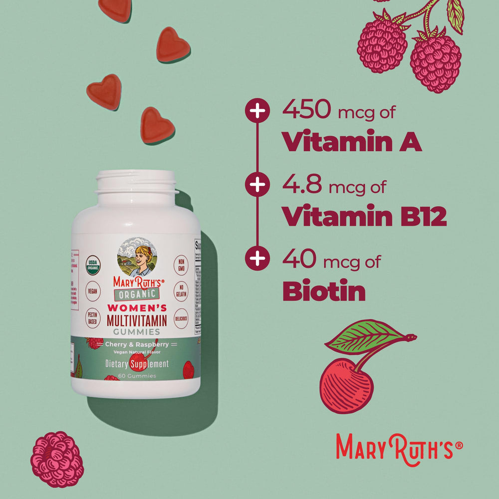 MARYRUTH'S product badges showing USDA Organic and vegan benefits