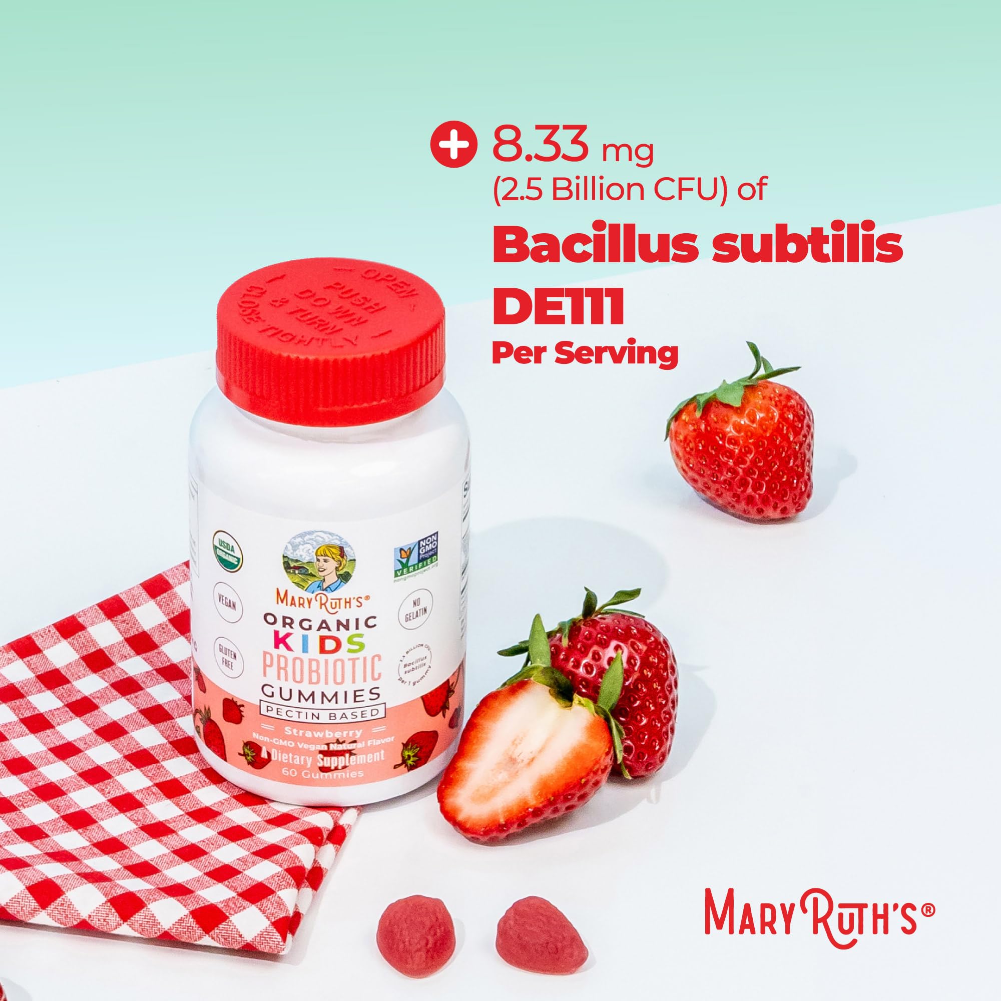 MARYRUTH'S strawberry-flavored gummies displayed with fresh strawberries