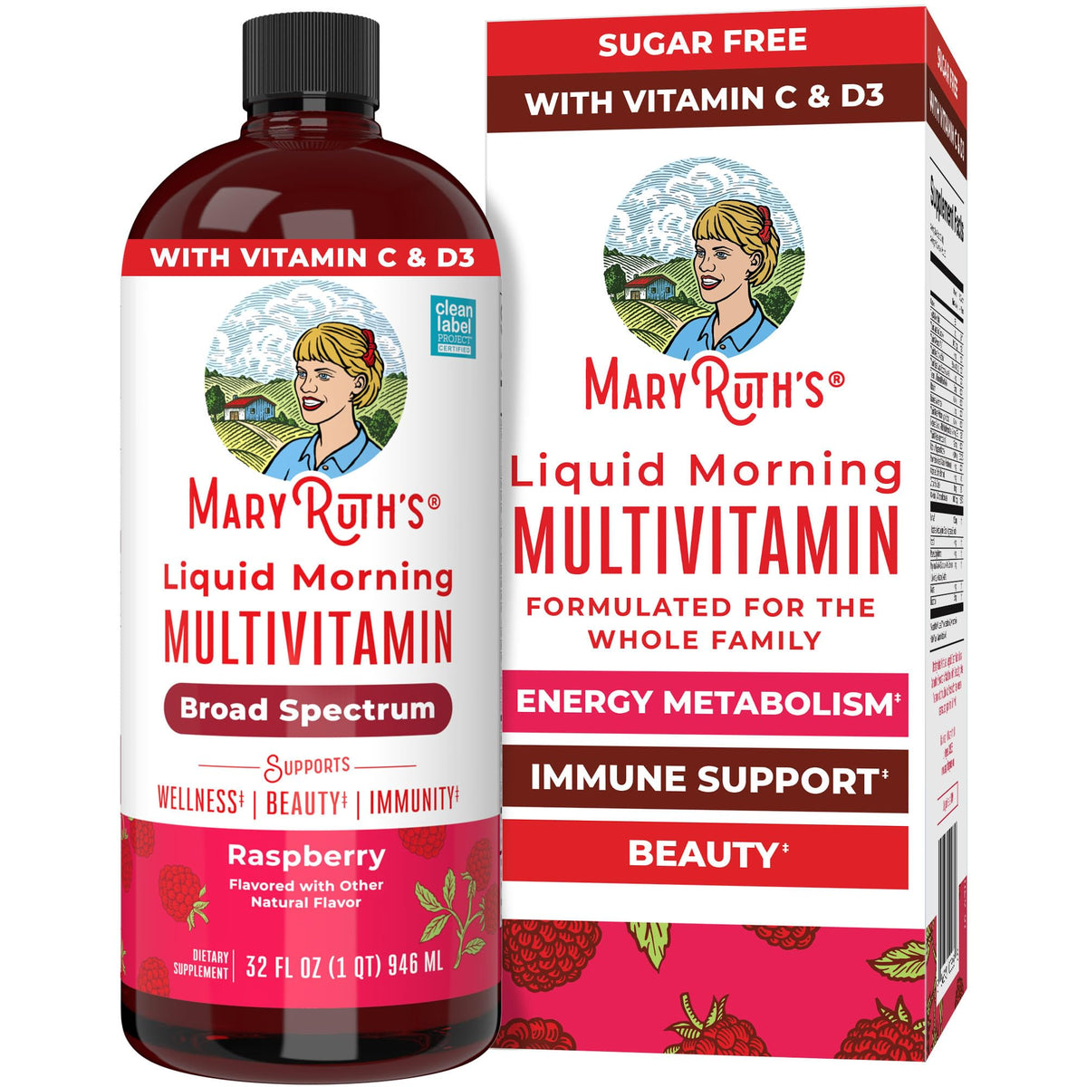 MARYRUTH'S front bottle view showing raspberry label and servings benefit