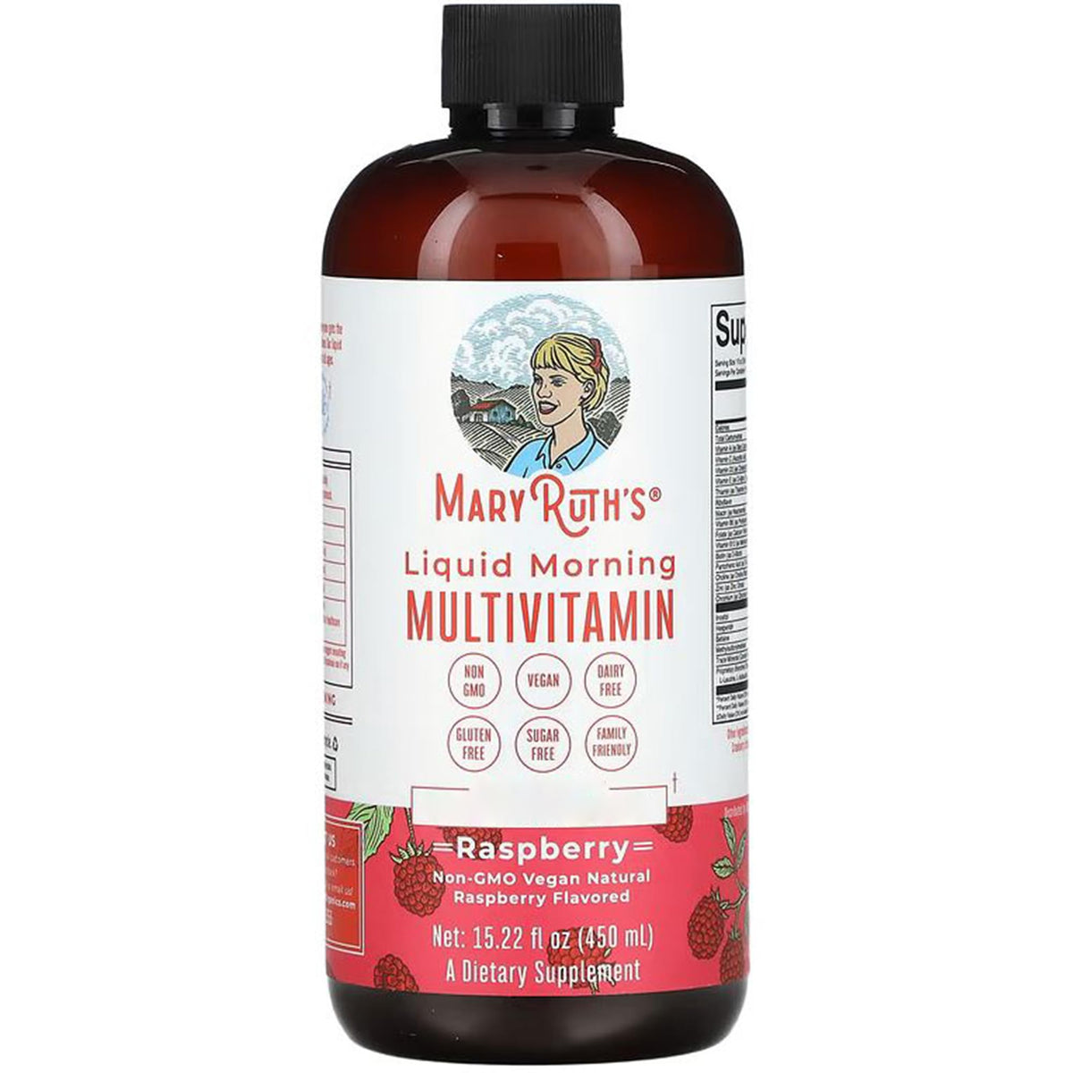 MARYRUTH'S front bottle shot showing raspberry flavor and label benefits
