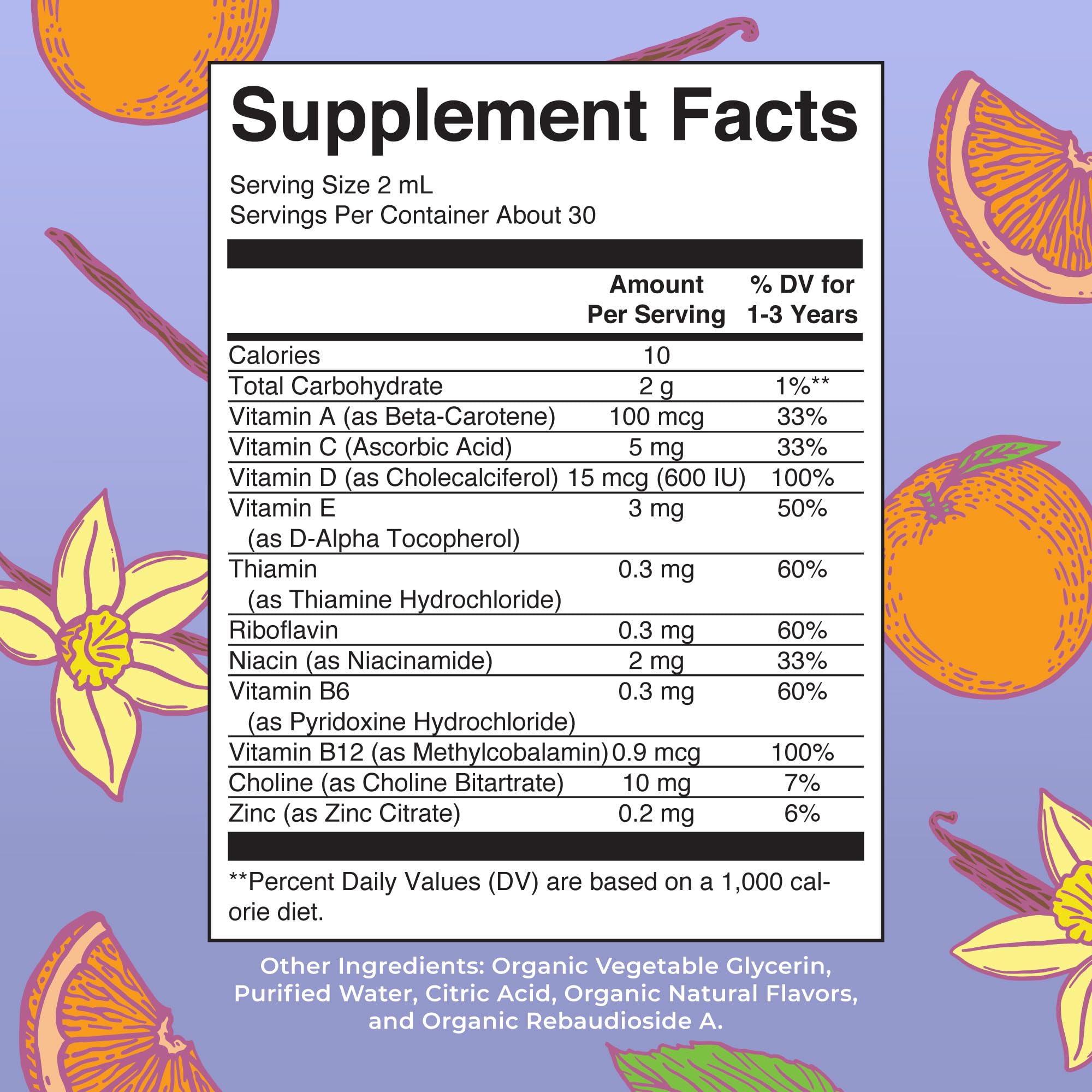 MaryRuth's back label with ingredients list and dosing instructions for parental confidence
