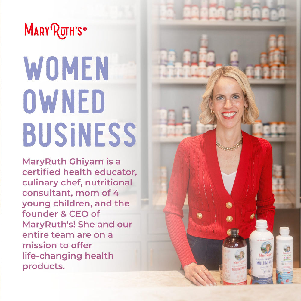 Kitchen counter scene with MaryRuth's drops integrated into a morning routine benefit