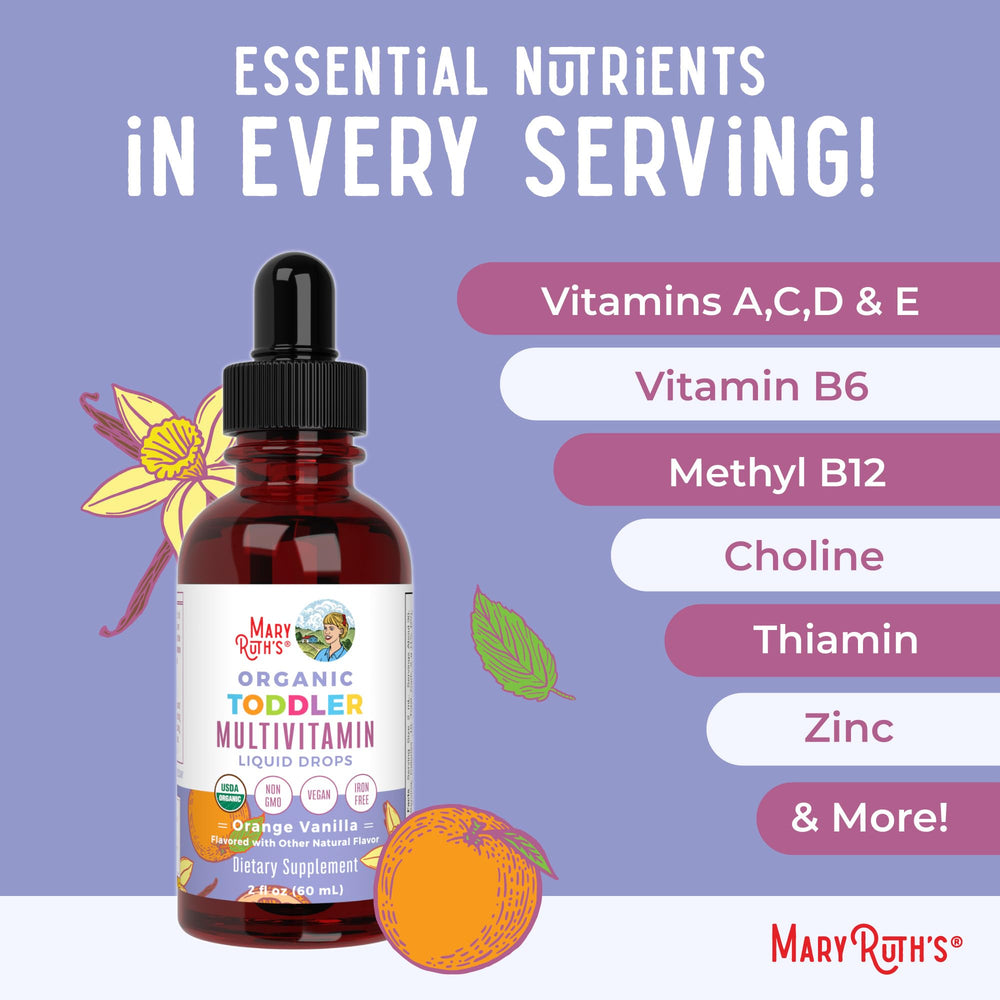 Organic orange and vanilla next to MaryRuth's bottle illustrating natural flavor benefit