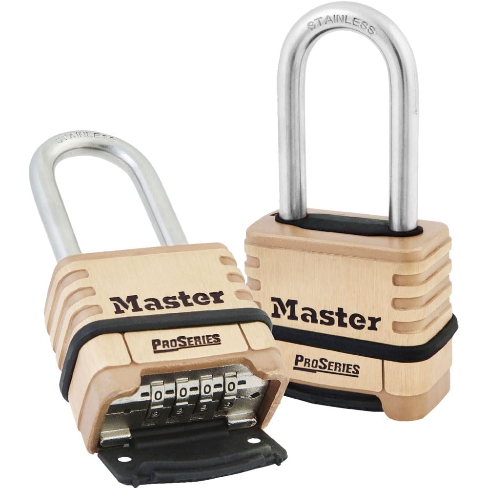 Master Lock long stainless steel shackle detail showing extended reach for large hasps