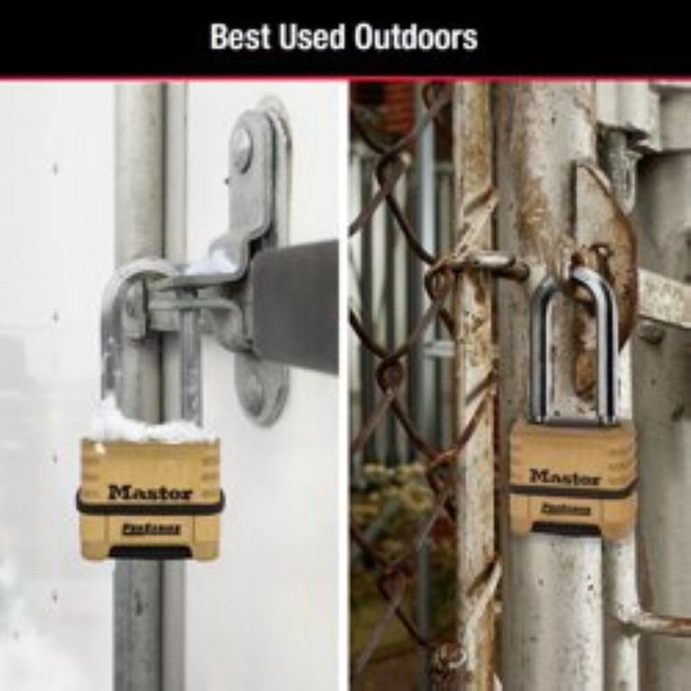 Master Lock mounted on outdoor gate demonstrating secure, weatherproof use