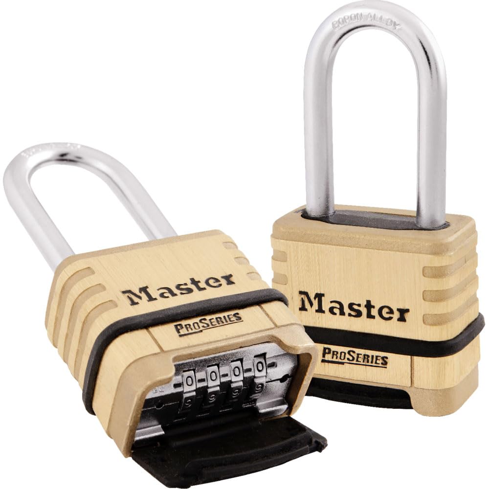 Master Lock 1177D front view showing shrouded brass body for durable protection