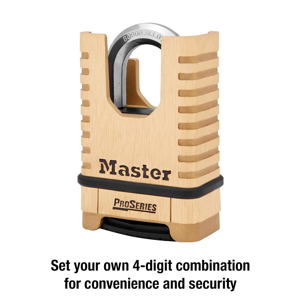 Master Lock 1177D installed on a metal gate demonstrating outdoor security use