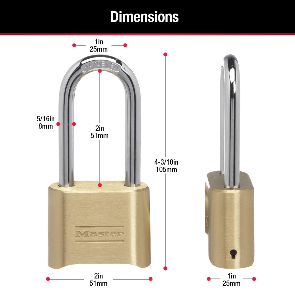 Master Lock 175DLH size comparison with ruler showing shackle and body dimensions