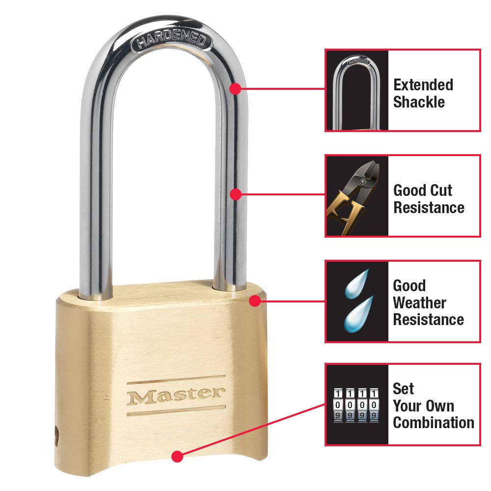 Master Lock 175DLH long shackle close-up demonstrating extra reach for hasps