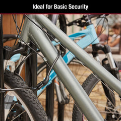 Close-up of Master Lock braided steel cable texture with vinyl coating protecting bike paint