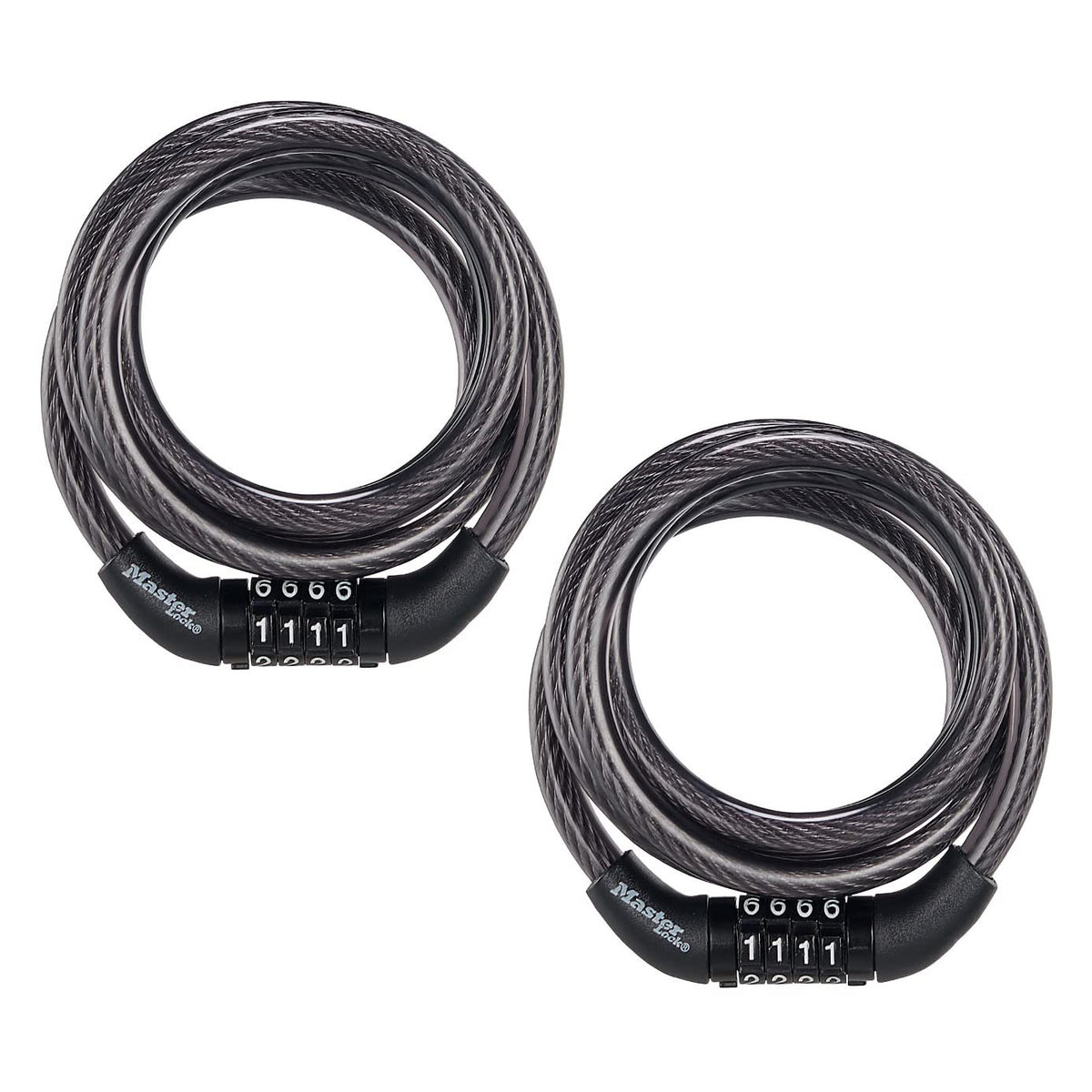 Master Lock 8143T front packaging showing the two-pack cable locks and features for quick purchase