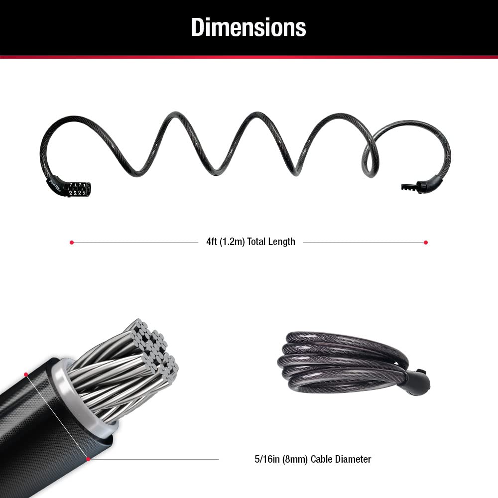 Master Lock cable beside a ruler showing 4 ft length for easy sizing and planning
