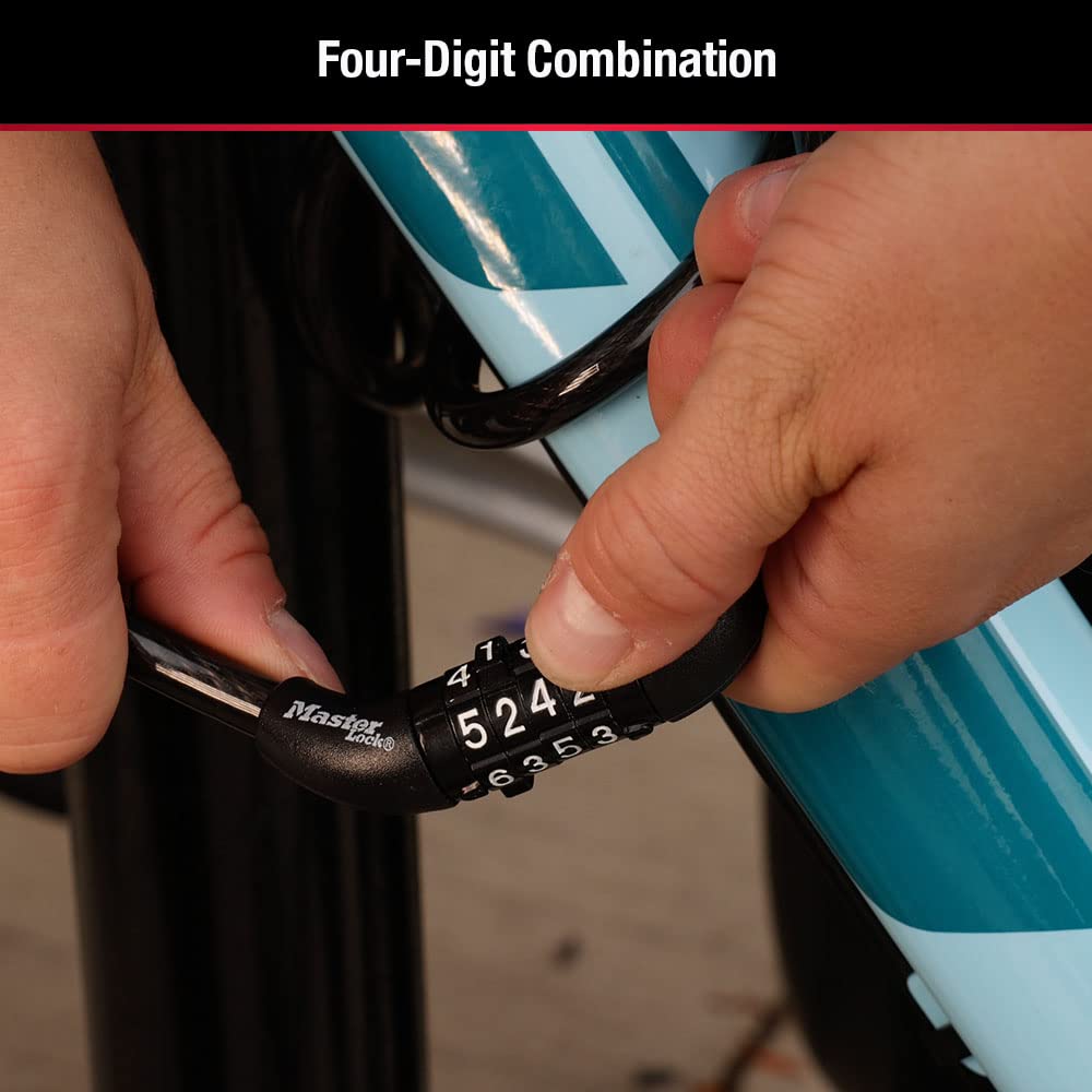 Two Master Lock cables securing a stroller and scooter, offering flexible gear protection