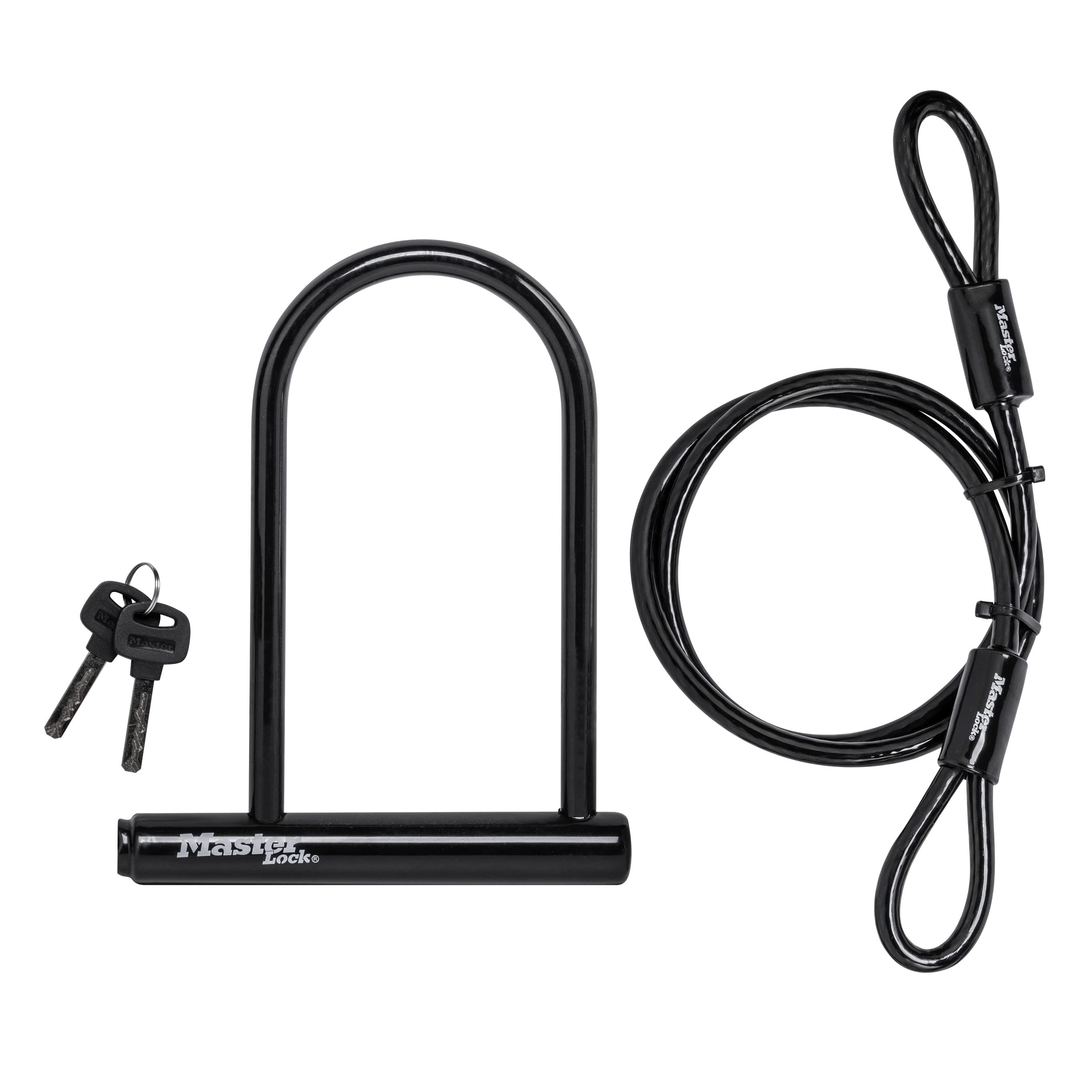 Master Lock 8385D front view showing U-lock and cable for durable bike protection