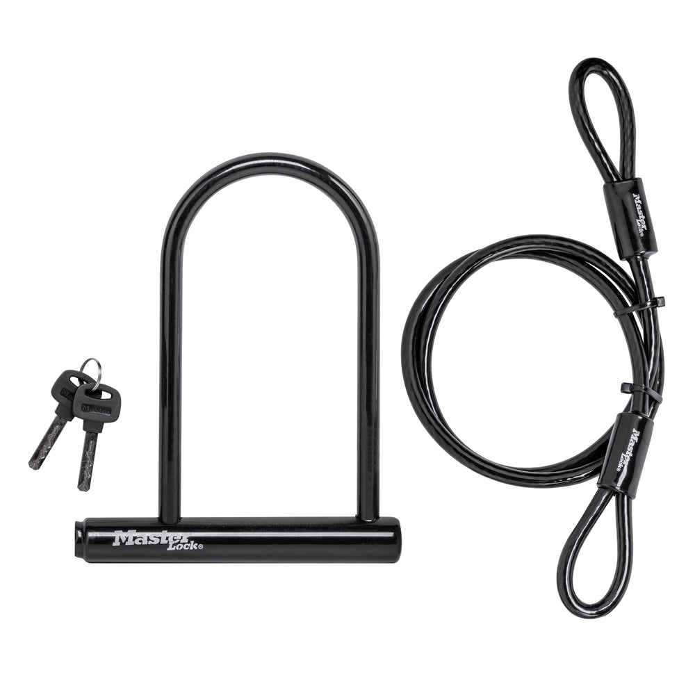 Master Lock 8385D front view showing U-lock and cable for durable bike protection