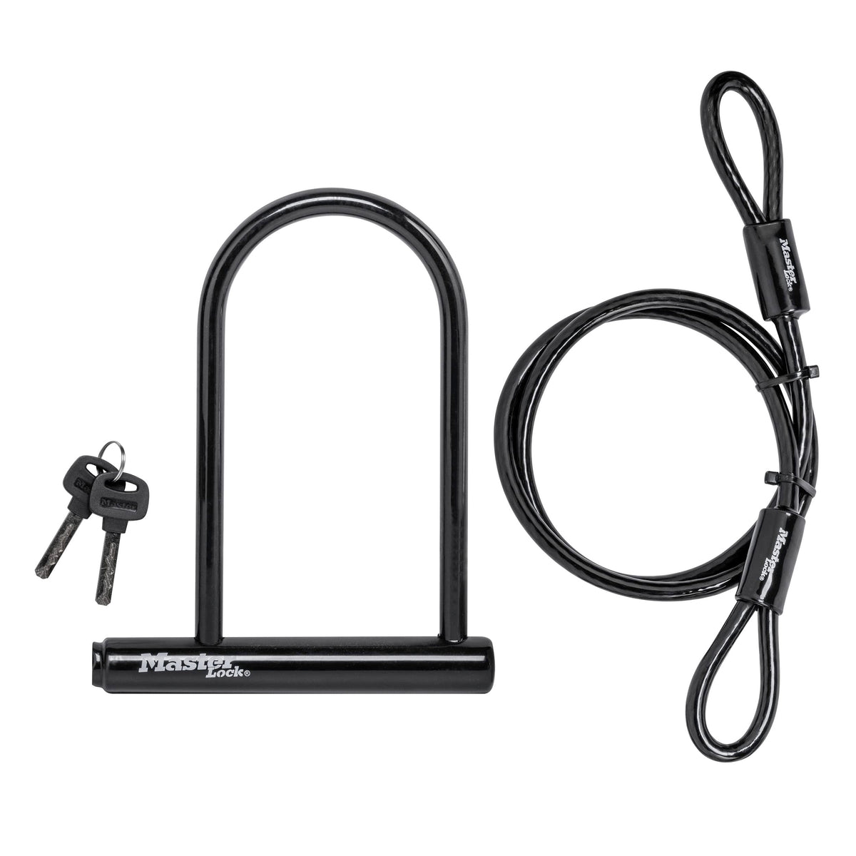 Master Lock 8385D front view showing U-lock and cable for durable bike protection