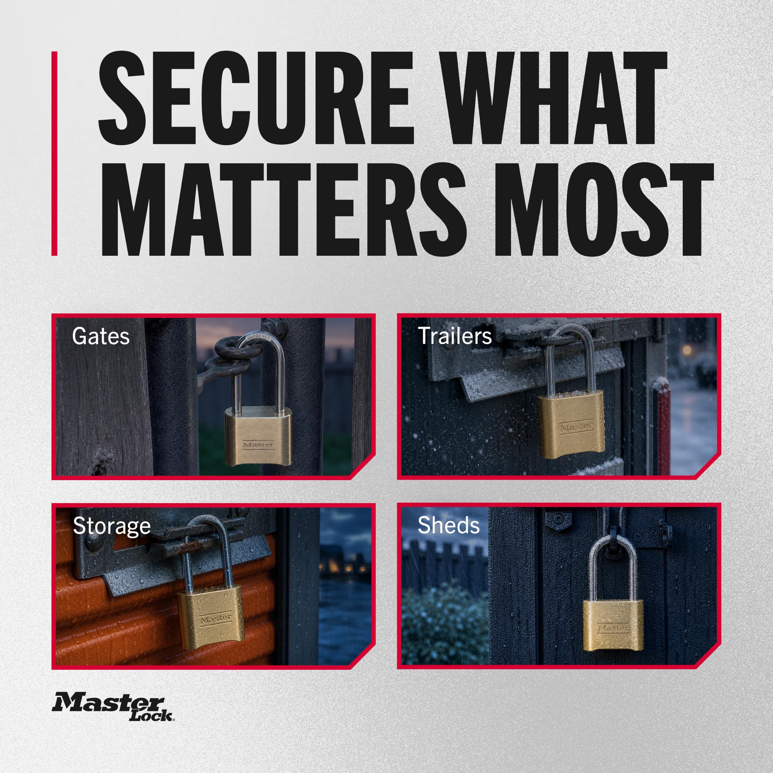 Master Lock mounted on outdoor gate showing easy security for yards and sheds