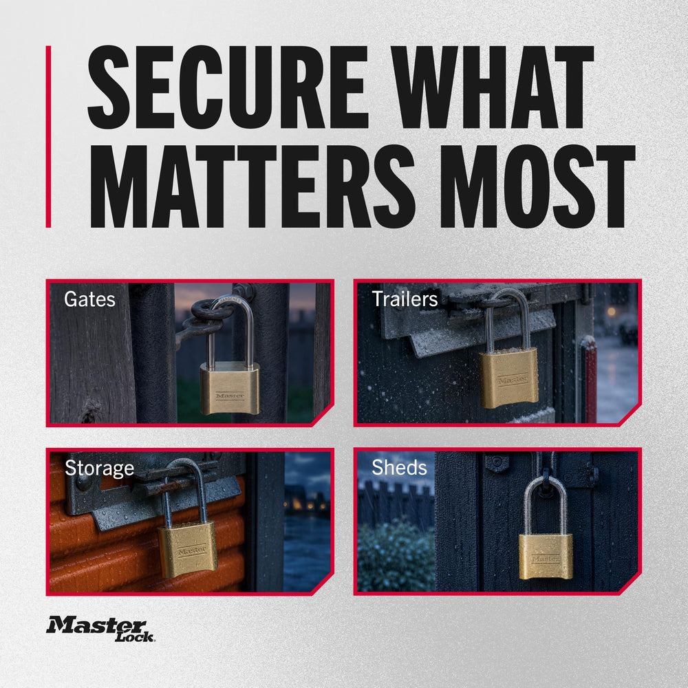 Master Lock mounted on outdoor gate showing easy security for yards and sheds