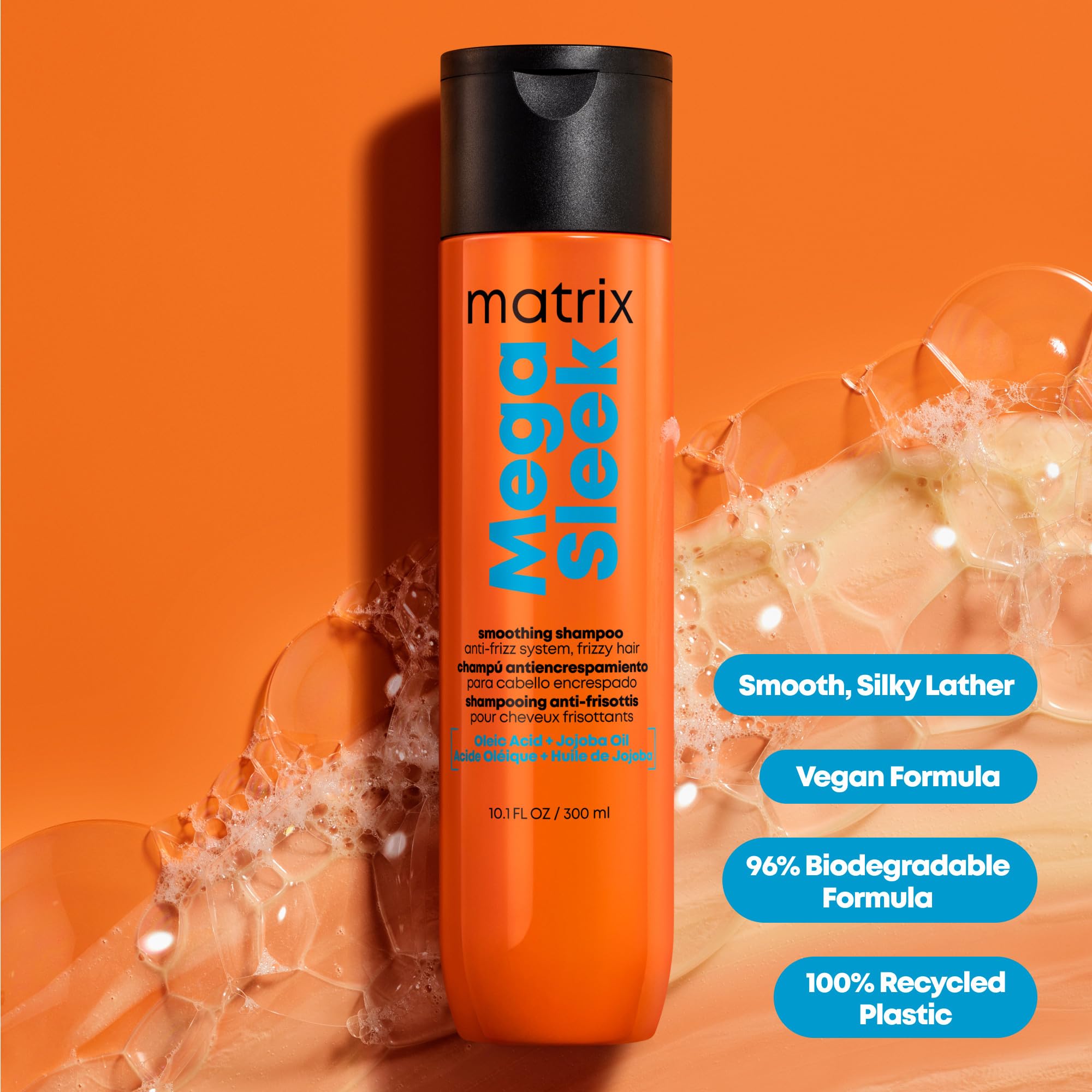 MATRIX before-and-after hair comparison illustrating reduced frizz benefit